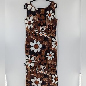 VTG Hookano Brand Made In Hawaii Mod Floral Maxi Dress Brown Orange Large Hippie